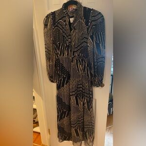 ba&sh Navy and Cream Geometric Long Sleeve Dress